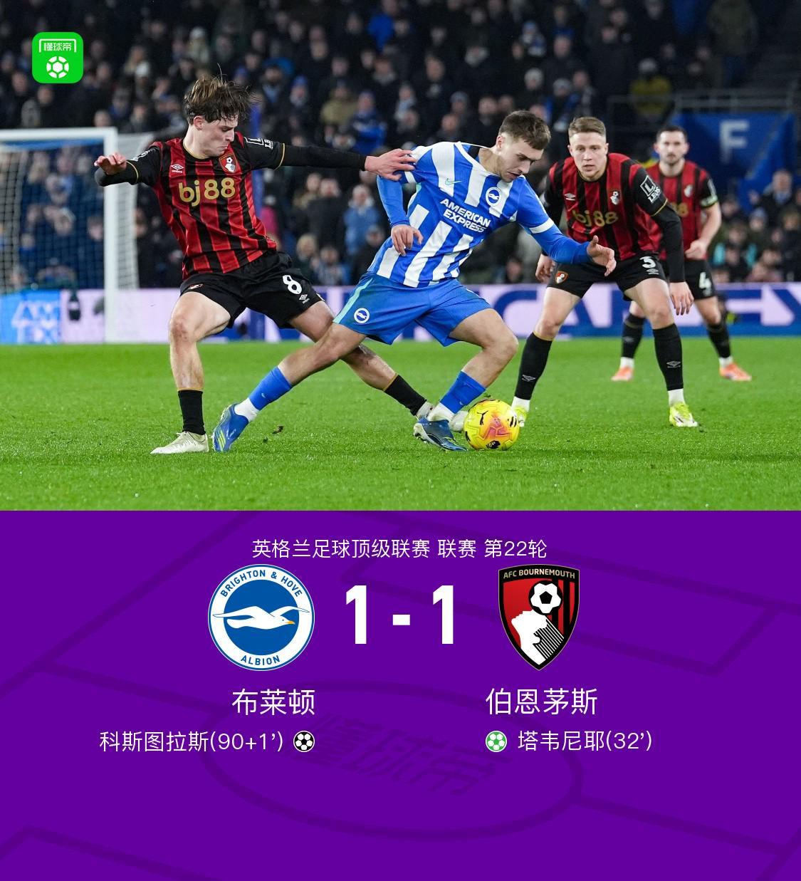 布莱顿1-1伯恩茅斯，科斯图拉斯倒钩绝平，塔韦尼耶点射